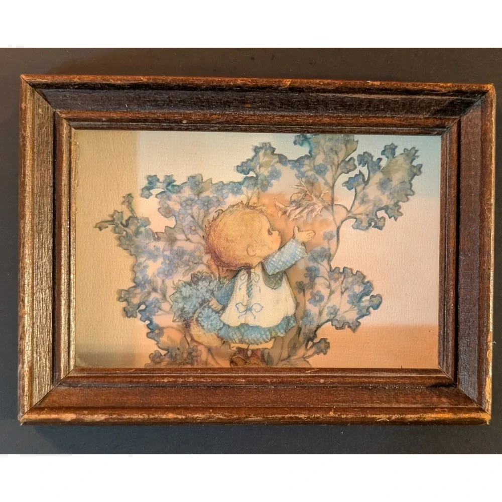 Vintage 70s Cottagecore Forget Me Not Child 3D Art Shabby Chic Thick Wood Frame